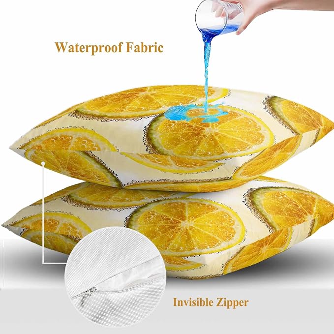 Yukro Lemon Slices Outdoor Waterproof Pillow Covers Pack of 2, Fruit Summer Tangerine Throw Pillowcases Decorative Cushion Covers for Garden Patio Tent Sofa Couch, 16x16 inch