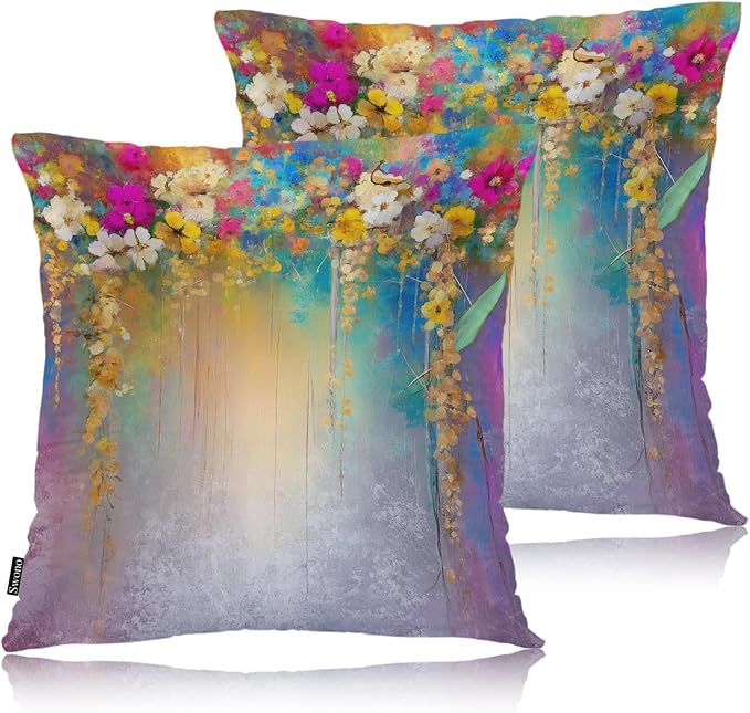 Swono Set of 2 Decorative Throw Pillow Covers Ivy Flowers, Abstract Blossom Floral Farmhouse Pillowcases Accent Pillow Cushion Cover for Couch Sofa Bed Office Armchair 18 X 18 Inch, Rainbow Purple