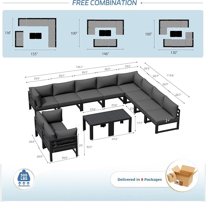 NICESOUL 12 Piece Extra Large Aluminum Outdoor Furniture Set, Rust-Proof Luxury Patio Sectional with Coffee Table, 500lbs Sturdy Comfortable Couch Sofa Conversations for Outside Garden, Dark Gray