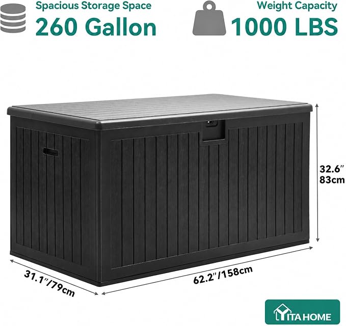 YITAHOME 260 Gallon Double-Wall Deck Box with Divider & Side Handles, Outdoor Large Storage for Patio Furniture Cushions, Garden Pool Accessories, Water Resistant & Lockable