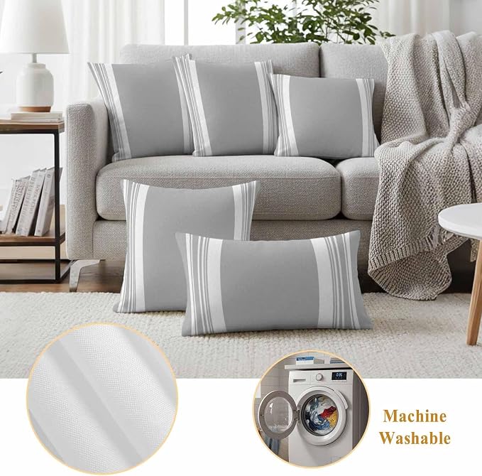 Farmhouse Grey Outdoor Waterproof Throw Pillow Covers 20x12 Set of 2, Aesthetic Modern Line Striped Decorative Pillowcases Cushion Pillowcase for Couch Sofa Patio Outside Pillow Protector