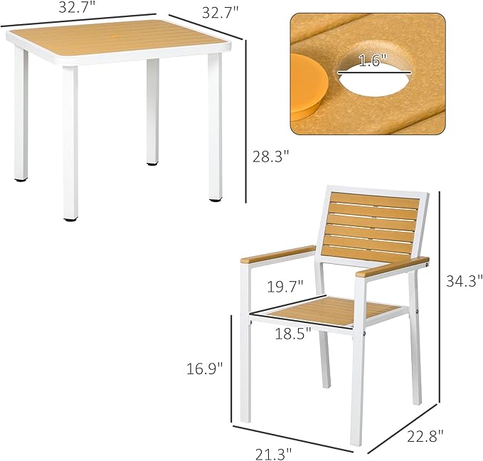 Outsunny 5 Piece Outdoor Dining Set for 4, Waterproof HDPE Patio Table and Chairs with Umbrella Hole, Aluminum Frame Outdoor Patio Dining Furniture Set for Backyard, Garden, Yellow