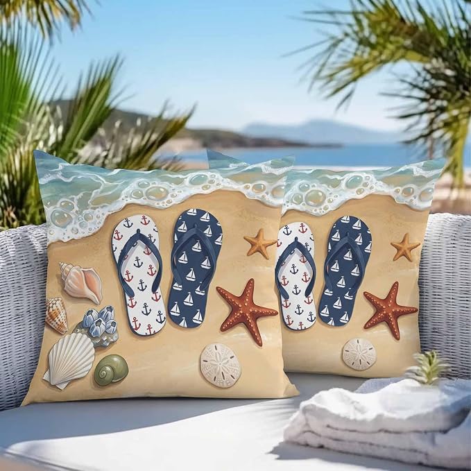 Blue Beige Seaside Outdoor Waterproof Throw Pillow Covers 26x26 Set of 2, Coastal Waves Starfish Summer Beach Nautical Decorative Pillowcases Cushion Pillowcase for Couch Sofa Patio Pillow Protector