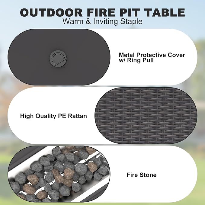 Patio Furniture Set, 7PCS Patio Sectional w/ Fire Pit Tabel Ottoman Wicker Rattan Outdoor Furniture with Thickened Cushion Modular Wicker Patio Conversation Set with Glass Top Table for Balcony (Grey)
