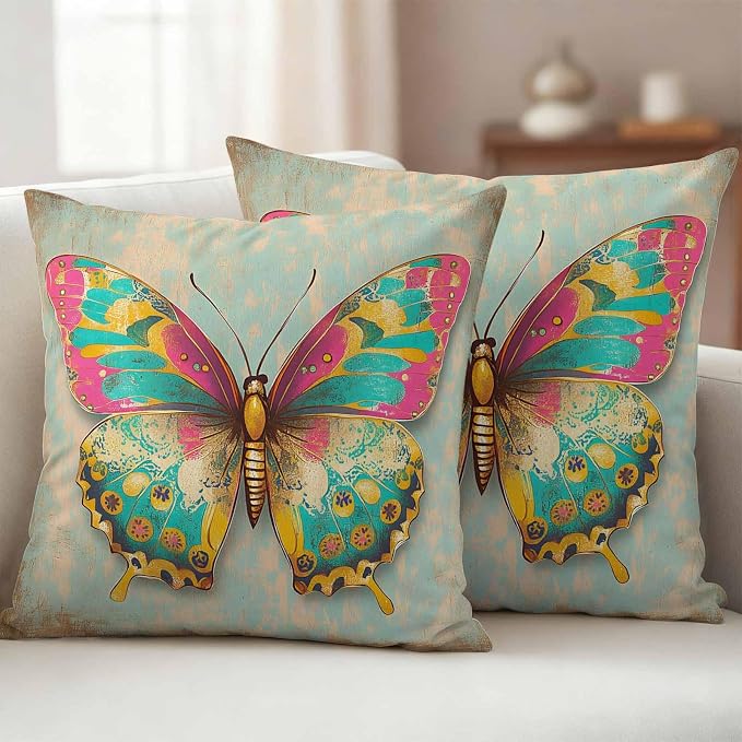Watercolor Butterfly Outdoor Waterproof Throw Pillow Covers Set of 2, 18"x18", Corlorful Vintage Texture Decorative Pillow Covers Outside Cushion Case for Patio Porch Garden