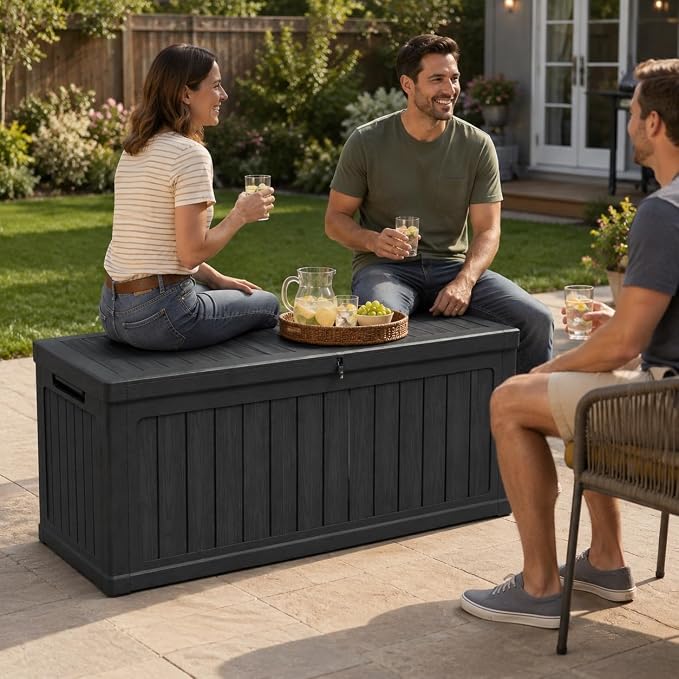 180 Gallon Large Outdoor Storage XXL Deck Box for Patio Furniture, Outdoor Cushions, Garden Tools and Sports/Pools Equipment, Waterproof Resin, Lockable, Black (Black + Plastic-1)