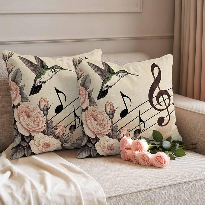 Outdoor Waterproof Throw Pillow Covers Set of 2 Honeybirds Pillowcases 24x24 Inches Roses Retro Music Decorative Pillows Cushion Case Patio Pillows for Couch Bed Chair Garden