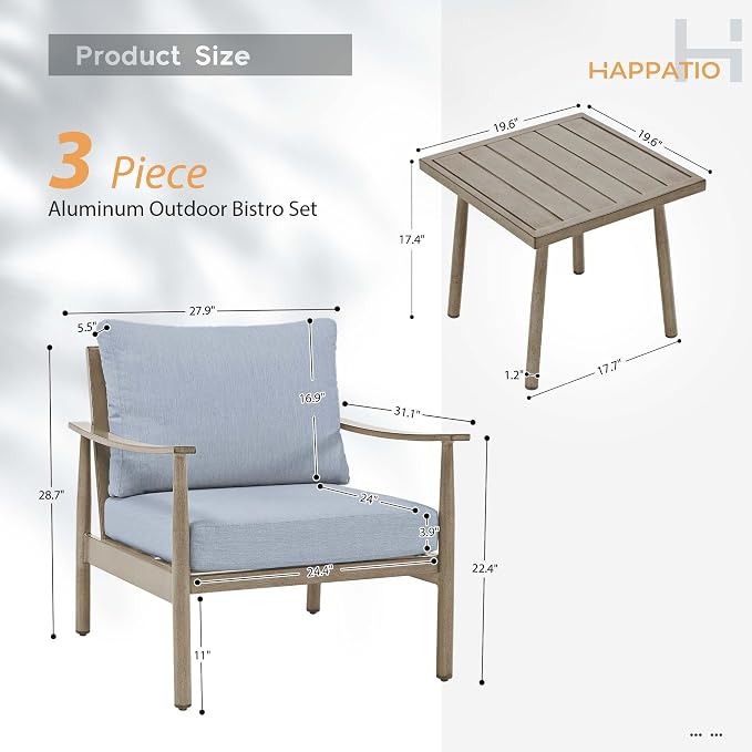 HAPPATIO Patio Conversation Set 3 Pieces, Outdoor Aluminum Conversation Furniture Set, 2 Modern Chairs with Backrest Rope Design and 1 Side Table for Garden, Pool, and Lawn (Brown)
