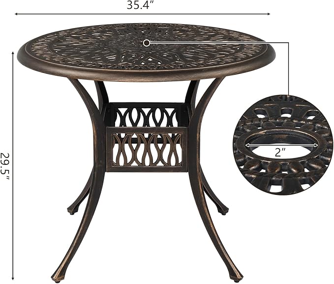 VINGLI 5-Piece Outdoor Patio Dining Set, Cast Aluminum All-Weather Outdoor Table and Chairs w/Cushion, Outdoor Furniture Set w/Umbrella Hole for Backyard Deck Poolside (Round, Grid Back)