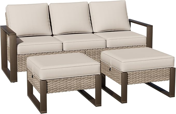 Joyside Outdoor Patio Sofa, 4 Pieces Wicker Rattan Furniture Set, 1 Patio Couch and 2 Ottoman, Metal Wide Armrest, Thick Cushions and Deep Seating for Garden, Backyard, Porch, Deck