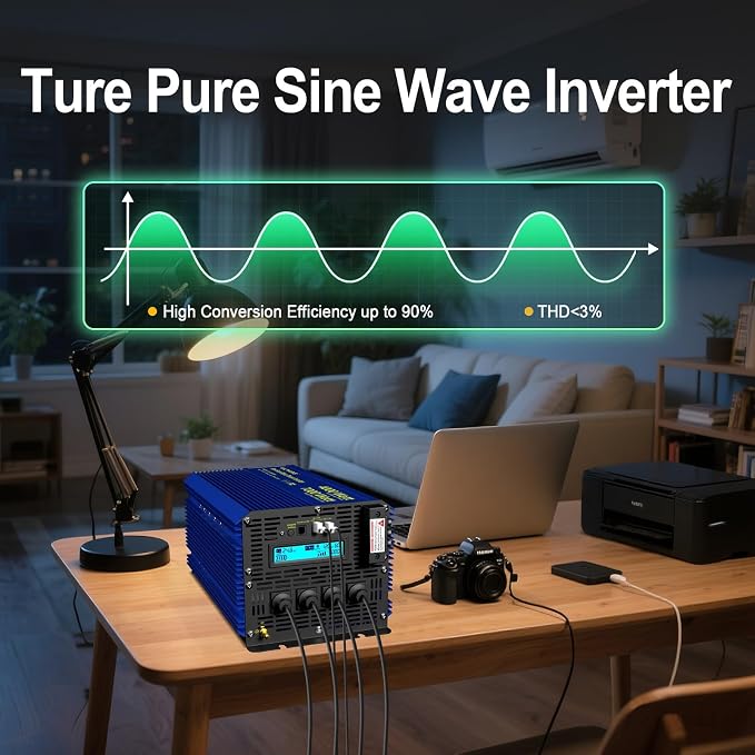 4000W Pure Sine Wave Inverter 24V DC to 110V 120V Power Inverter 7000W Surge Peak Power for 2S, FCC Approved, 4AC Outlets, Fast Charging USB, LCD Display, Wireless Remote for RV Off-Grid Solar Car