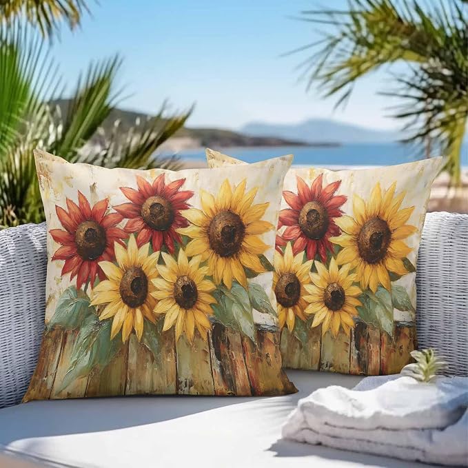 Retro Farmhouse Red Yellow Sunflower Outdoor Pillow Covers 20x20in Pack of 2 Waterproof Pillowcase Vintage Rustic Wood Floral Decorative Throw Cushion Case for Patio Couch Sofa