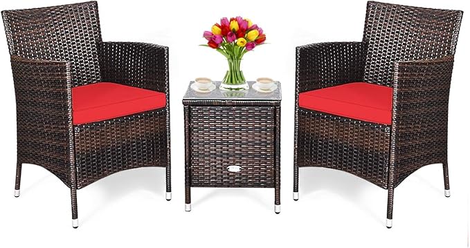 DORTALA Wicker Patio Furniture Set 3 Piece, Small Outdoor Table & Chairs Set with Cushions, All-Weather Rattan Conversation Bistro Set for Balcony, Porch, Backyard, Deck, Red