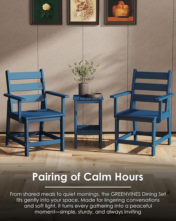 GREENVINES Patio-Chair | Outdoor Dining Chairs Set of 2 | HDPE Plastic | Removable Armrests | All Weather | for Backyard Deck Poolside Garden | Blue