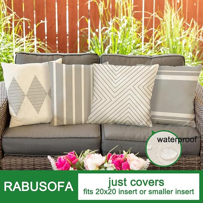 Outdoor Pillows Covers 20x20 Waterproof,Grey and Beige Set of 4(No Insert) | for Covered Patio Furniture Couch Sunbrella,No Insert Just Covers,Fit 20x20 inch Inserts or Smaller,Durable Polyester,Boho