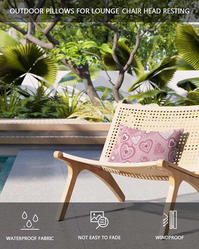 Chaise Lounge Head Resting Pillows, Valentine's Day Pink Love Heart Outdoor Chaise Pillows, Waterproof Patio Furniture Pillows with Insert and Adjustable Elastic Strap for Recliner Beach Chair