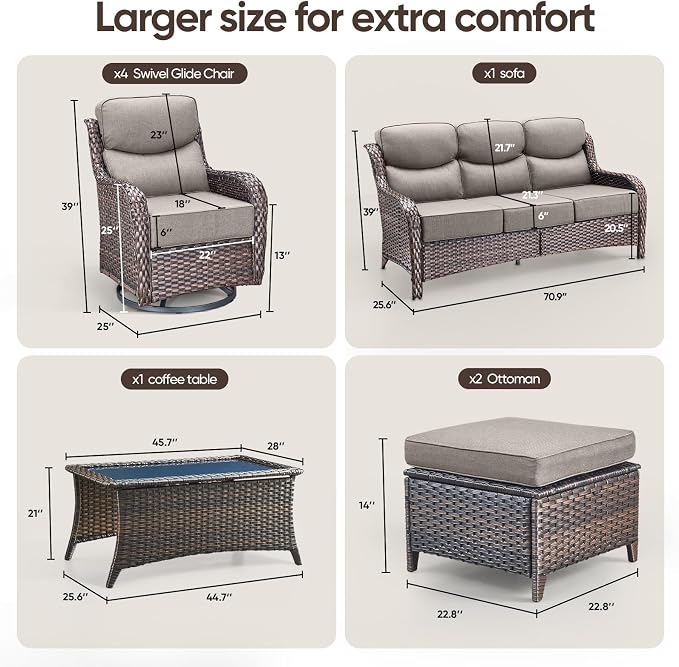 Swivel Patio Chairs sofa Set of 6 with 6" Thick Cushion - Wicker Outdoor Swivel Rocker Patio Chair ,Sofa/Glass coffee table, High Back Comfortable Outdoor Glider Chairs - Brown Wicker | Gery Cushions