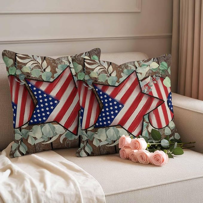 4th of July Waterproof Outdoor Pillow Covers Set of 2 Home Decor, Vintage Eucalyptus Leaf Stars Stripes Flag Pillowcase Patio Pillow Covers for Couch Bench Furniture Garden 24x24in