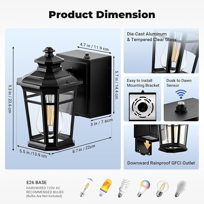 Gleamz Black Dusk to Dawn Outdoor Lighting with GFCI Outlet, Exterior Light Fixtures with Outlet, 9in H Lantern Wall Mount Aluminum Waterproof Anti-rust, Outside Lights for House, Proch, Patio, Garage
