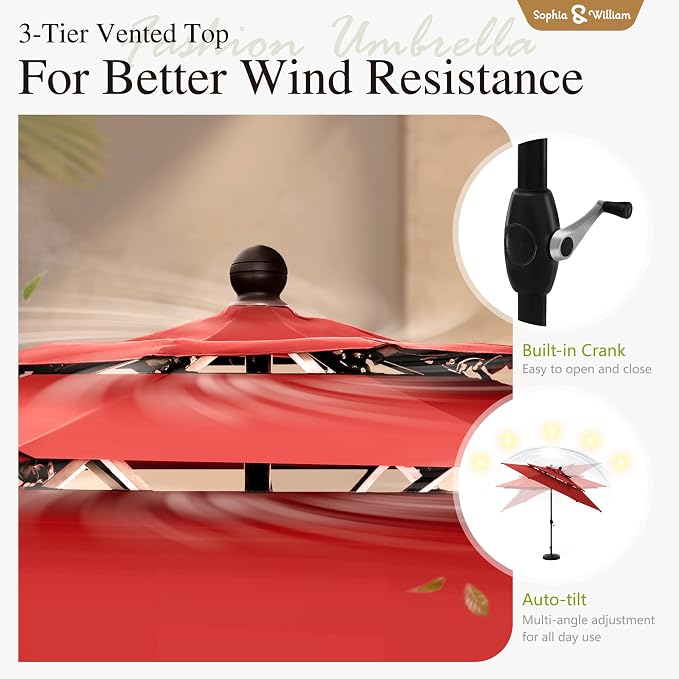 Sophia & William Metal Outdoor Patio Dining Set 6 PCS with 10ft 3 Tier Auto-tilt Umbrella(Orange Red), 4 x Metal Outdoor Chairs, 1 x Square 37"x 37" Dining Table and 1 Patio Umbrella