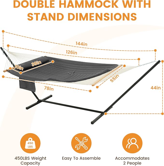 Lazy Daze Hammocks 2 Person Portable Hammock with 12FT Stand, Double Hand Woven Cotton Rope Hammock with Detachable Quilted Pad & Pillow for Outside, 450lb Capacity, Grey