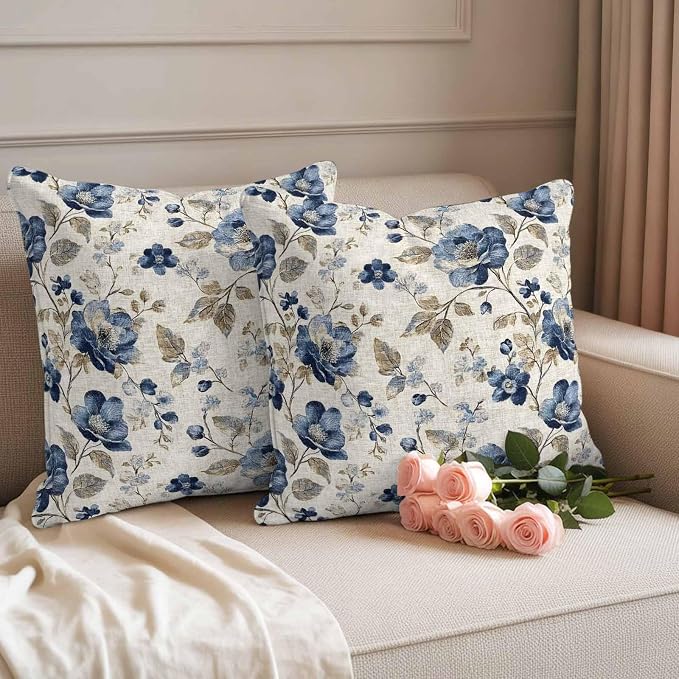 Blue Gray Waterproof Outdoor Pillow Covers 24''x24'' Set of 2, Vintage Botanical Patio Furniture Spring Florals Cushion Covers for Chairs, Decorative Farmhouse Pillow Cases for Garden/Pool/Beach