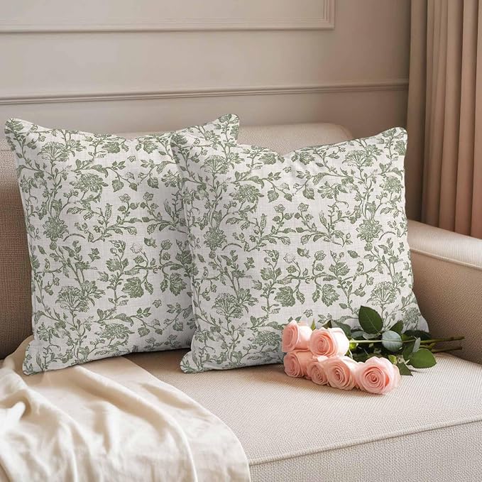 Pastoral Flowers Outdoor Pillow Covers 18"x18" Set of 2, Green Flower Vintage Linen Texture Waterproof Throw Pillow Covers for Patio Furniture, Decorative Cushion Covers for Porch