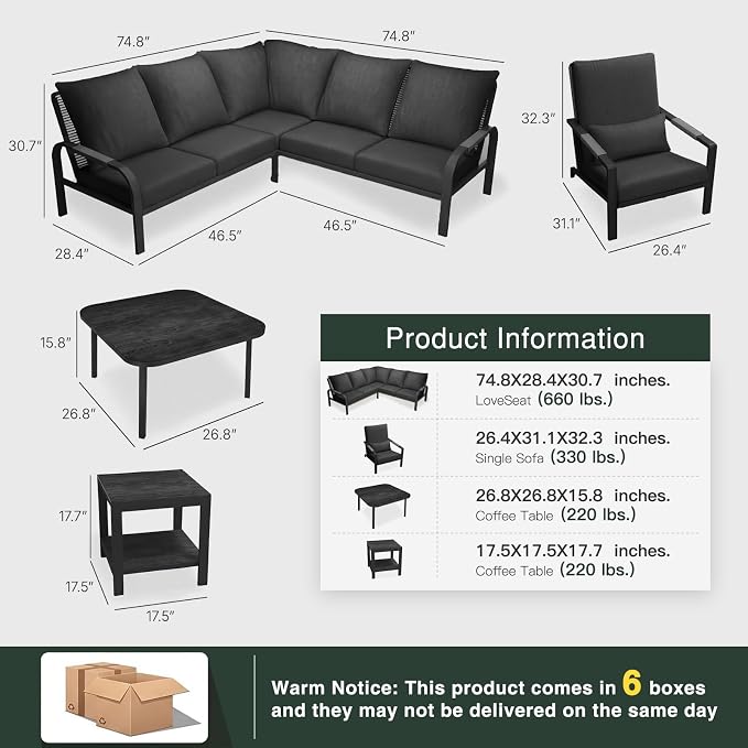 5-Piece Aluminum Patio Furniture Set, Outdoor L-Shaped Sectional Sofa with Coffee Table & Side Table, Patio 3-Piece Sofa Set, Thick Waterproof Cushions, Modern Outdoor Conversation Set, Gray