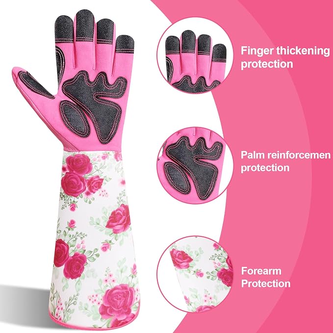 DLY Garden Gloves for Women,Gardening Gloves,Garden Gift for Lady,Blue,XL | Lightweight Microfiber Leather, Breathable Long Cuff, 3-Finger Touchscreen, Pink Rose Print, Pruning, Planting & Yard Work