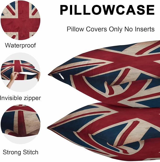 4th of July Outdoor Throw Pillows Covers 18x18 inch Set of 2 Waterproof British Flag Decorative Zippered Cushion Covers for Patio Furniture, Vintage National Flag Independence Day Lumbar Pillowcases