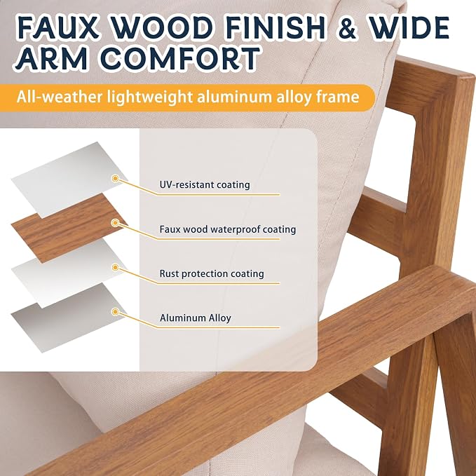 4-Piece L-Shaped Outdoor Patio Furniture Set, All-Aluminum Corner Sectional Sofa with Wood Grain Finish, Cushioned Seating & Plastic Wood Coffee Table, for Backyard & Balcony