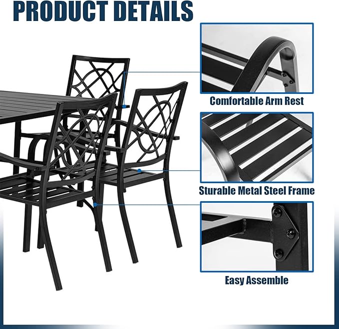 Crownland 7 Piece Outdoor Patio Metal Dining Sets, 6 Stackable Metal Chairs and Rectangular Outdoor Dining Table with with Dark Blue 9FT Round Outdoor Umbrella, for Backyard, Garden (Classic Black)