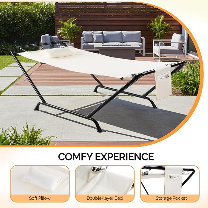 ONCLOUD Freestanding Hammock with Stand, 600LBS Heavy Duty Outdoor Hammock, Cofy Outdoor Hammock with Stand, Hammock Bed for Yard, Deck, Patio, Hammock with Soft Pillow & Storage Bag (White)