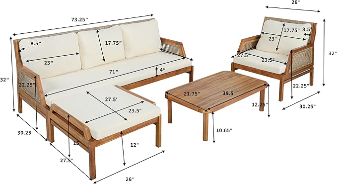 Christopher Knight Home Zura 4 Piece Patio Furniture Set with Removable Cushion, Outdoor Acacia Wood Conversation Set with Ottoman, Outdoor Sectional Sofa Set with Coffee Table, Teak+Cream