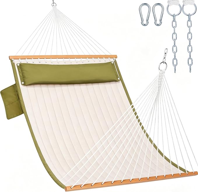 Lazy Daze Hammocks 2 Person Double Quilted Hammock with Spreader Bar, Detachable Pillow & Side Pocket, 450lbs Capacity for Patio Yard Garden Outdoor, Natural & Green