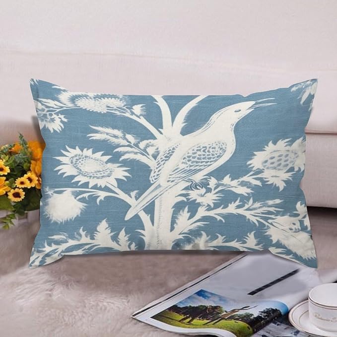 Set of 2 Blue Turquoise and White Birds Plant Cushion Cover Case with Zipper 12x18in Canvas Pillow Cover Rectangle Pillow Case for Couch Bed Car Pub Coffee Bar Living Room Decoration