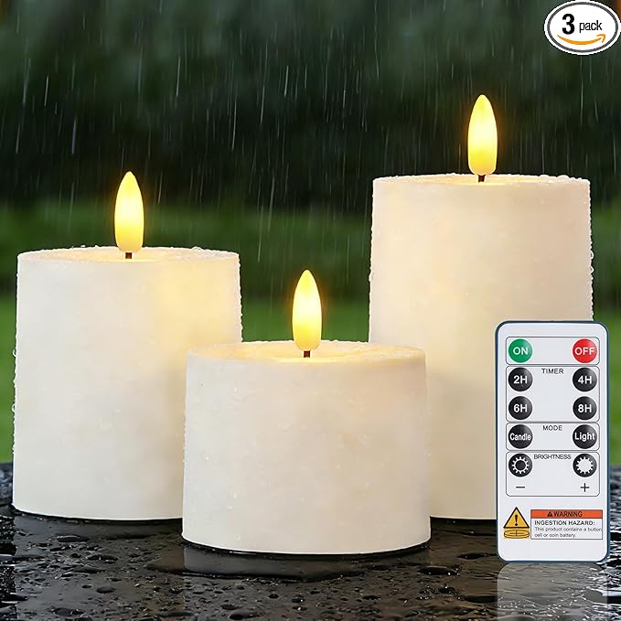 Raycare White Outdoor Waterproof Flameless Candles with Remote and Timer, Realistic LED Candles, Battery Operated Electric Fake Pillar Candles for Porch, Patio, Garden, Set of 3