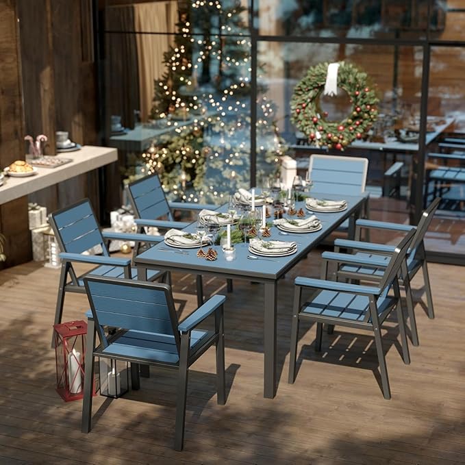 7-Piece Patio Dining Set with 15FT Umbrella, Aluminum & HDPE Outdoor Table and Chairs, Weather-Resistant All-Season Backyard, Deck & Patio Dining Furniture with 2" Umbrella Hole (Navy)