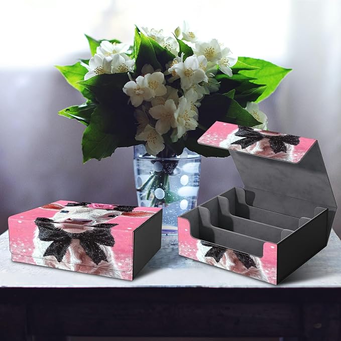 Large Card Deck Box for MTG, Fits 1200+ Sleeved Cards, PU Leather Storage Case with Strong Magnetic Closure, Multiple Colors for TCG CCG Baseball Card Collections, Pink Flower White Cow