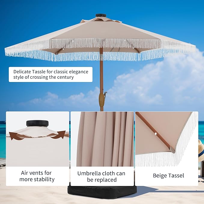 GDY 7.5ft Tassel Patio Umbrella and Matching Base, Outdoor Table Umbrella with 18 LED Lights,Market Umbrella with 6 Sturdy Ribs, with Push Button Tilt and Crank, Camel