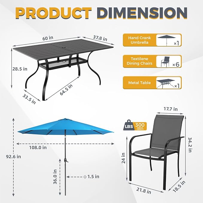 Crownland 7 Piece Patio Dining Set, Textilene Dining Sets, 6 Textilene Metal Chairs and Rectangular Outdoor Dining Table with Sky Blue 9FT Round Outdoor Umbrella (Grey)