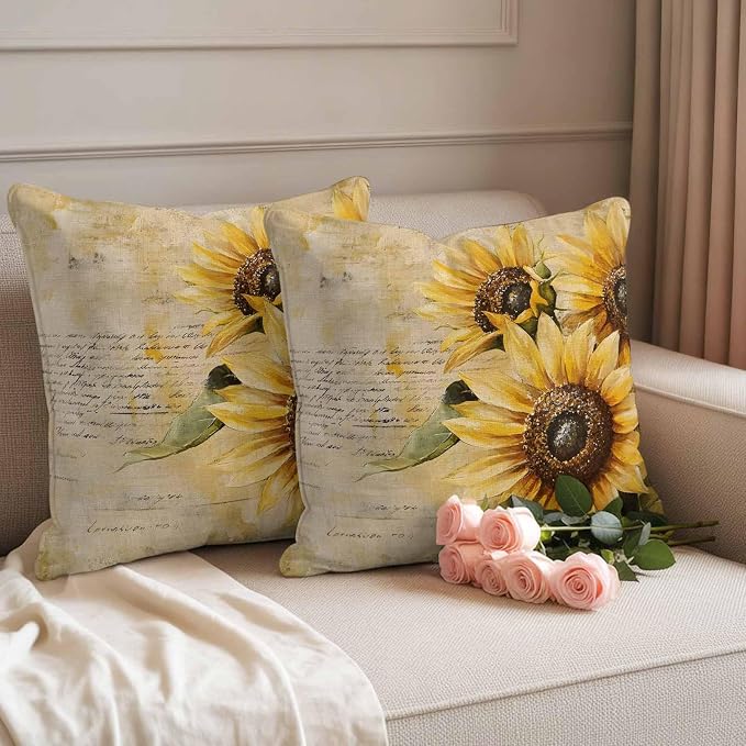 Retro Sunflower Outdoor Waterproof Throw Pillow Covers Set of 2, 20"x20", Pastoral Floral Painting Newspaper Background Decorative Pillow Covers Outside Cushion Case for Patio Porch Garden