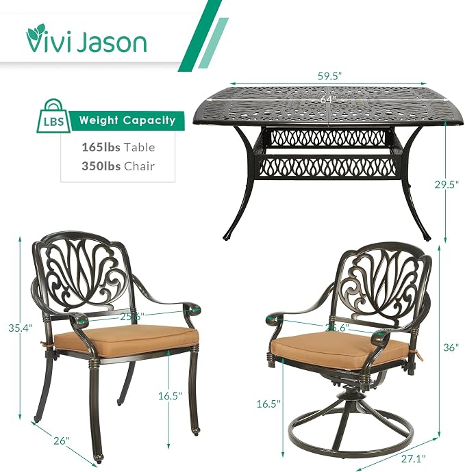 VIVIJASON 9-Piece Outdoor Furniture Dining Set, Cast Aluminum Patio Table and Chairs Set with 6 Stationary Chairs, 2 Swivel Rocker Chairs, 64" Large Square Dining Table, Umbrella Hole, Khaki