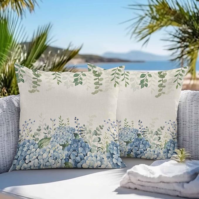 Hydrangea Flower Outdoor Throw Pillow Covers Waterproof Eucalyptus Pillow Cases 16x16in,Green Leaf Retro Linen Decorative Boho Pillow Covers Cushion Cases for Couch Sofa Patio Garden 2 Pack