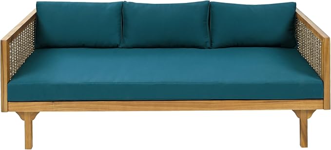 Christopher Knight Home Charm Patio Conversation Set, 3 Seater Acacia Wood Sofa, Spacious Seating Wicker Armrest Chair, Wood Coffee Table, Round Side Table, Outdoor Furniture for Garden, Dark Teal