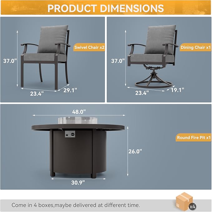 ALAULM 5-Piece Outdoor Dining Set for 4 Metal Outdoor Patio Furniture with 2 Swivel Chairs & 40000 BTU Round Fire Pit Table for Patio, Backyard, Garden-Grey