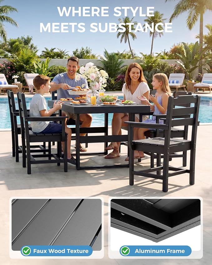 K Knowbody 7-Piece Outdoor Patio Dining Table and Chairs Set, Seats 6 | Steel-Reinforced HDPE, 100 lb/sq ft Load Capacity, 2-Inch Umbrella-Ready Tables, All-Weather, Fade-Resistant, Charcoal Black