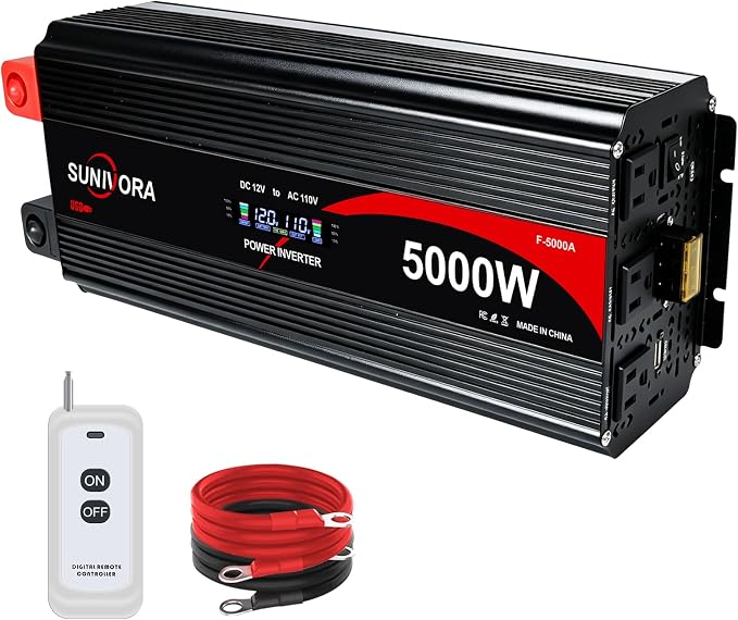 5000 Watt Power Inverter 12V to 110V/120V DC to AC Converter 10000W Peak, with Remote Control & LCD, 4 AC Outlets & USB Ports & Hardwire Terminal for Vehicle Car Truck Boat RV Camping Solar System EPS