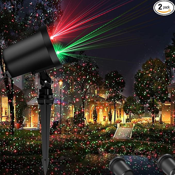 Christmas Laser Light Projector Outdoor, 2 Pack | Red and Green Star Laser Lights with Timer for Outdoor Decorations, Waterproof Landscape Lighting for Christmas and Holidays