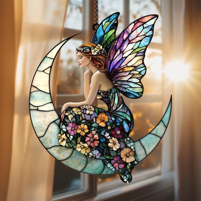 Crescent Moon Fairy Acrylic Suncatcher, Boho Suncatchers for Window Hanging Ornament, Art Garden Decor for Mythical Creatures Lover, Gifts for Mother's Day, Mom, Grandma, Wife, Women, Nana